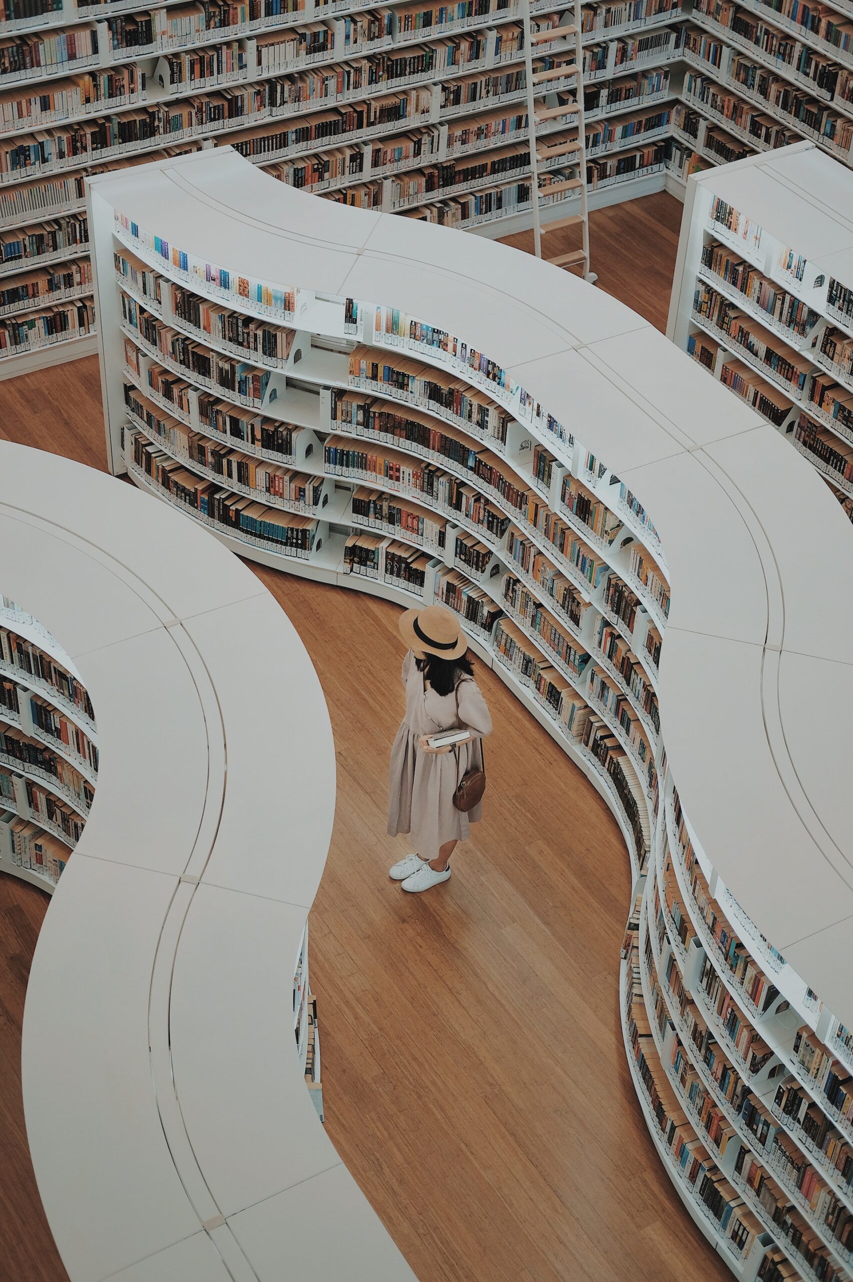 Lady standing in library with curved shelves