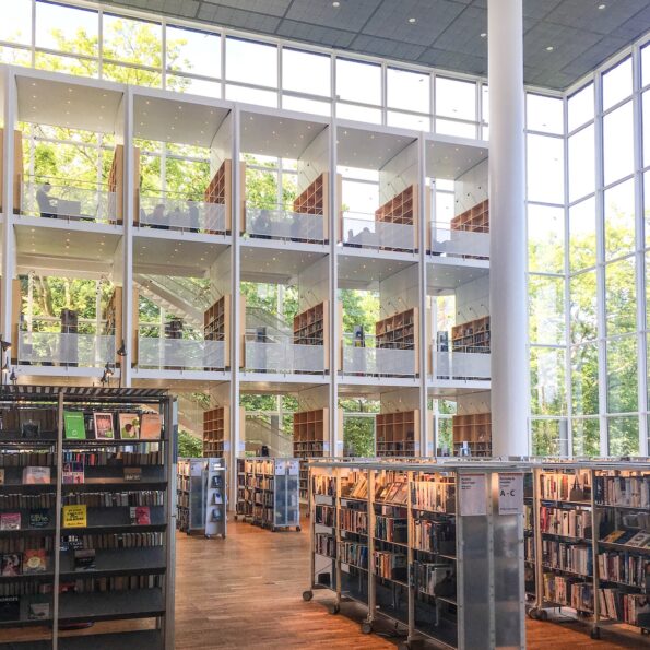 Library interior with glass walls